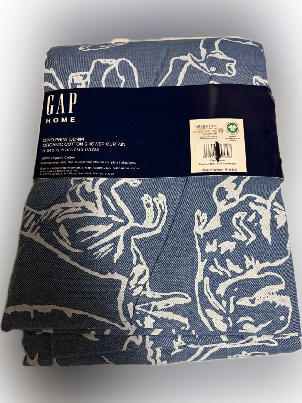GAP Home Blue and White Dino Print Organic Cotton Shower Curtain